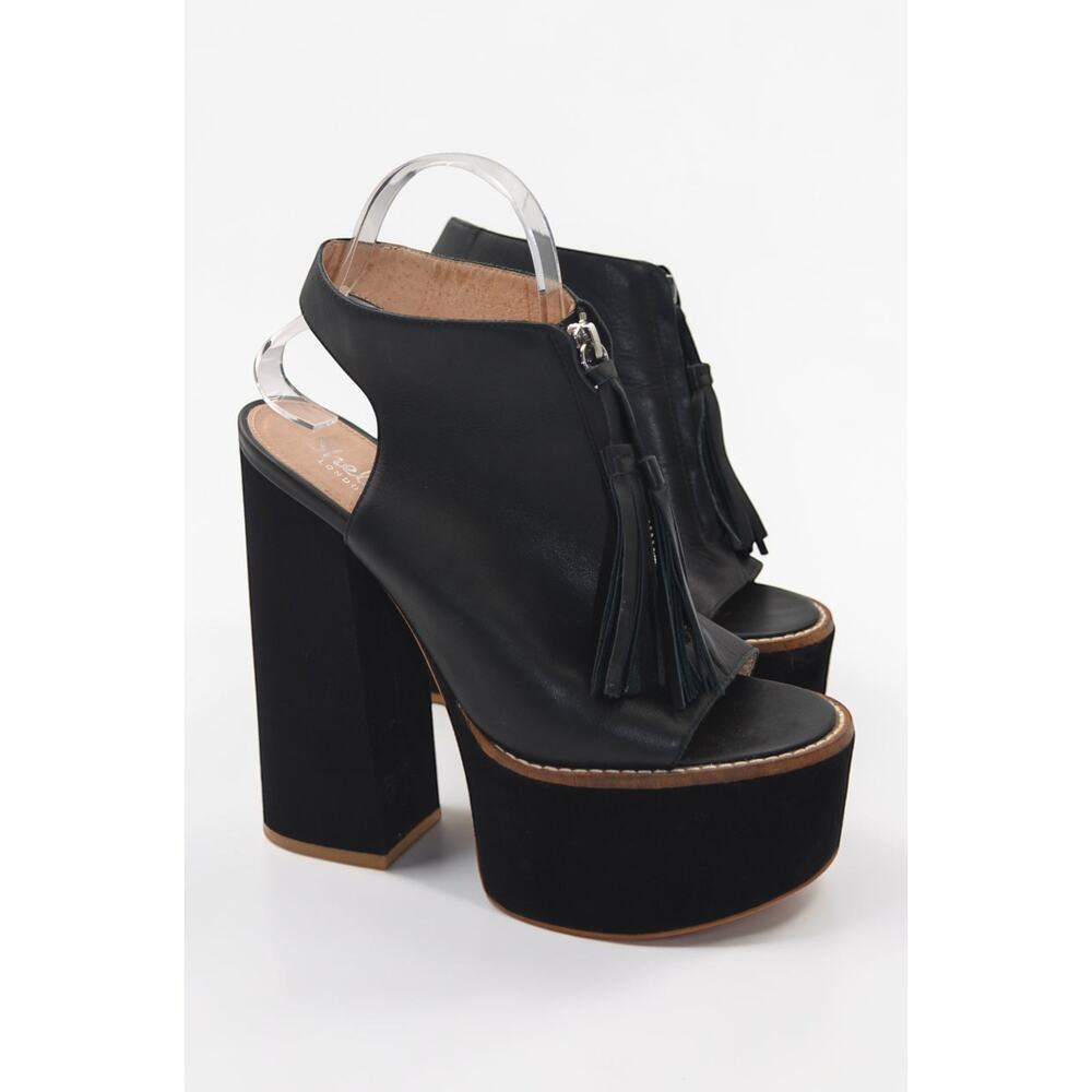 Shellys London Platform Heels Black Leather Fringe 90s Y2K Runway Revival Tassle - Picture 2 of 6